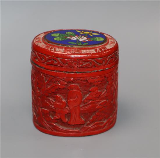 A Chinese cinnabar lacquer and cloisonne enamel jar and cover, early 20th century